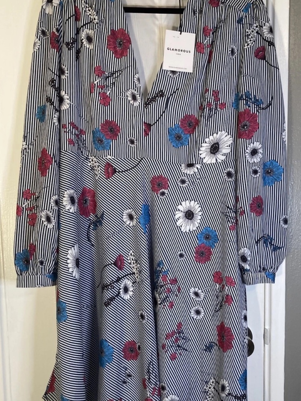 Glamorous Black & White Striped Long Sleeve Floral Dress with Red & Blue Accents